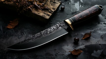 Vintage-Style Damascus Knife on Rustic Table with Leaves, 葉と一緒に木製テーブルに配されたヴィンテージスタイルのダマスカスナイフ.Generative AI
