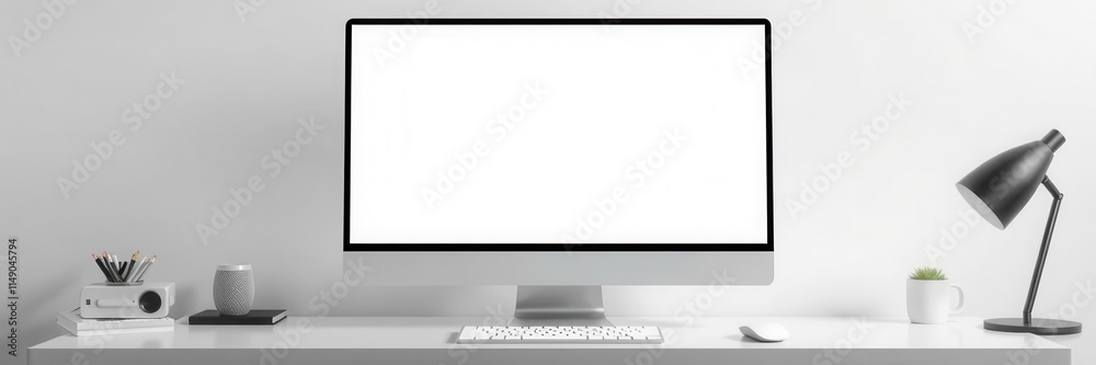 Wall mural high-quality vector mockup of a modern desktop computer with keyboard and mouse on a white desk, per
