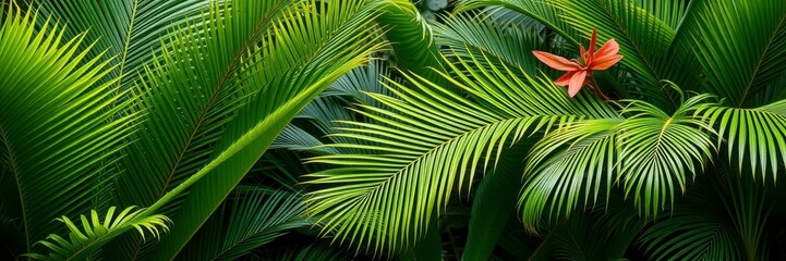 Fototapeta premium Lush green tropical palm leaves backdrop with vibrant foliage, vibrant, botanical, tropical plants