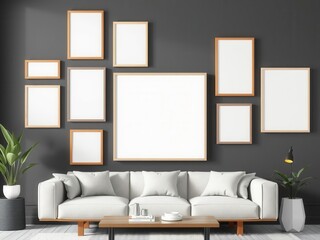 Modern living room interior with a gallery wall of various photo frames in different sizes and shapes, frame, decor
