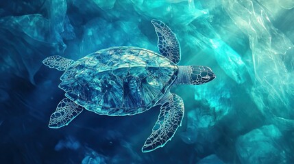 Fototapeta premium Sea turtle swimming amidst ocean pollution with plastics floating in blue water, highlighting the impact on marine life and ecosystems - ecology and environmental pollution