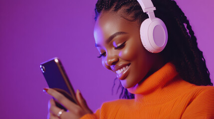 Studio shot of a young black woman wearing headphones and using a phone. Bright color contrast