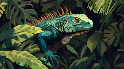 Green iguana in tropical jungle close up. Basilisk. Illustration