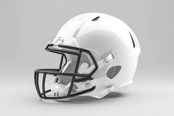 Fototapeta premium White American football helmet with black facemask, isolated on light gray background.