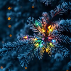 Naklejka premium A bundle of colorful Christmas lights tangled among branches of a frosty pine tree, evergreen trees, natural setting, twinkle lights
