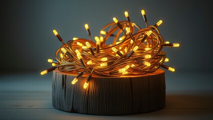 A collection of yellow Christmas lights coiled around a wooden base, wooden base, seasonal accents, festive accessory, holiday ornaments, outdoor lighting