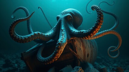 Fototapeta premium A giant octopus wrapped around a shipwreck with tentacles stretching out to the side, dark colors, ocean floor, shipwrecks, ocean monsters, octopuses