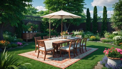 Obraz premium A stunning garden with a beautifully arranged dining table, surrounded by greenery, perfect for outdoor dining.