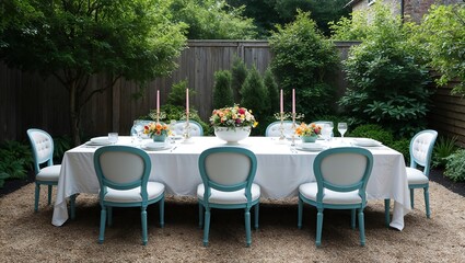 An elegant garden setup with a beautifully adorned dining table, perfect for a cozy outdoor celebration.