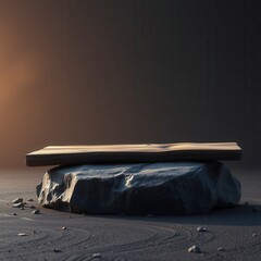 A weathered wooden plank placed on a black rock or stone, driftwood, wood