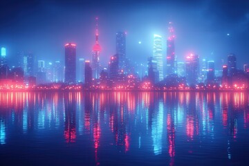 Fototapeta premium A vibrant city skyline illuminated by neon lights, reflecting on a calm water surface.