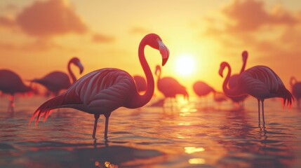 Fototapeta premium Flamingos at sunset in shallow water.