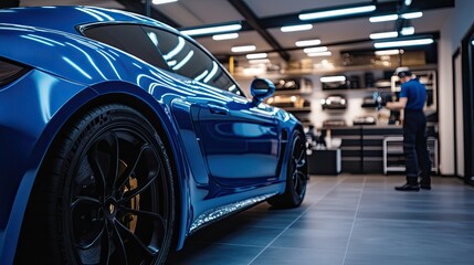 Blue Sports Car in Modern Workshop with Mechanic at Work
