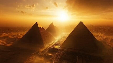 Giza pyramids sunset aerial view.