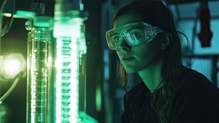 Young Scientist Conducting Experiment with Green Light in Lab