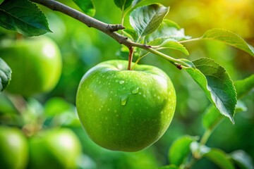 Fresh Green Apple on Branch, Healthy Fruit Plant Food, Nature Photography