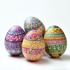 Vibrant hand-painted Easter eggs with intricate patterns.