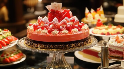 Delicious red velvet cake topped with fresh strawberries and cream