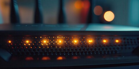 A close-up of a router with illuminated status lights indicating connectivity.