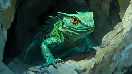 Close-up of a green scaly basilisk in a cave environment. Basilisk. Illustration
