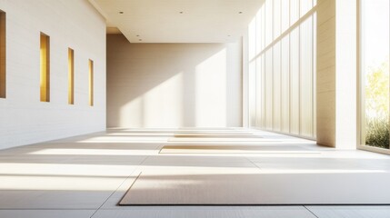 Fototapeta premium Modern minimalist yoga studio with clean, serene design. Featuring neutral tones and sleek flooring