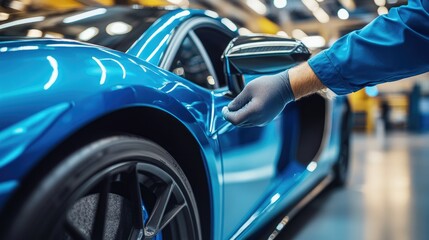 Hand Reaching for Door Handle of Sleek Blue Sports Car in Workshop