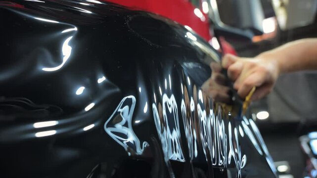Process of applying a dark PPF film with scraper to a truck front side. Close up footage of applying a film on a car. 