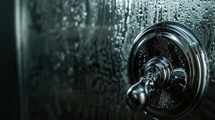 A close-up of a shiny door handle on a foggy glass surface.