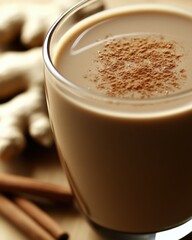 Close-up of a glass of spiced milk drink with cinnamon and ginger.