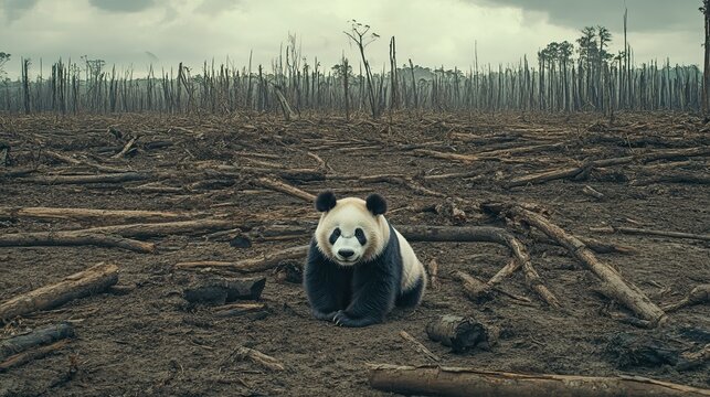 Panda in a deforested landscape under gray skies, highlighting the impact of habitat loss and environmental pollution