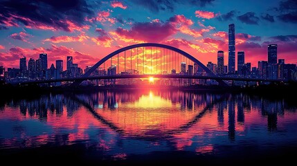 Obraz premium Vibrant sunset over a city skyline with a bridge reflected in the water.