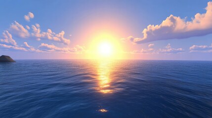 Serene Sunset Over Calm Ocean Water with Soft Clouds in Sky