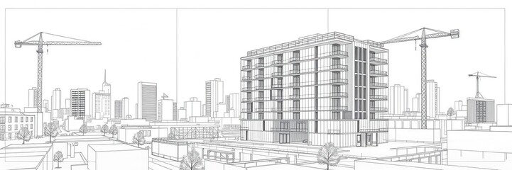 Fototapeta premium Architectural blueprint sketch mockup of modern office building, technical drawing, sketch