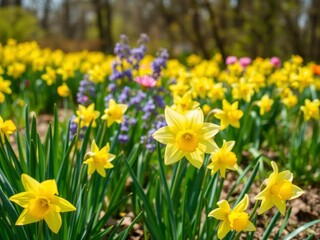 Fototapeta premium Beautiful yellow daffodil flowers blooming in a vast field under the clear blue sky, symbolizing the arrival of spring, flora, landscape