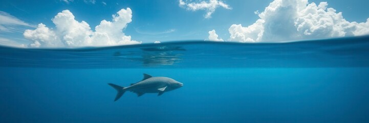 Fototapeta premium Blue sea with a perfect blend of sunlight and clouds reflected on its surface, revealing a mesmerizing underwater world, cloudy, sunny