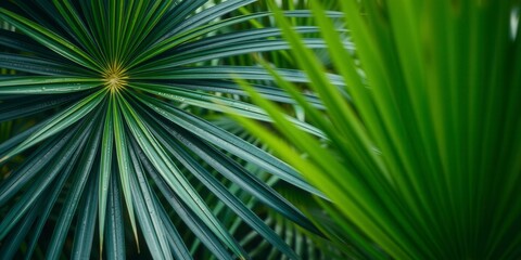 Obraz premium Close up of natural palm leaf texture, showcasing vibrant tropical green hues, natural, exotic, background