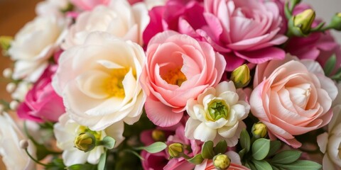 Close up shot of delicate pink and white ranunculus flowers in full bloom, flowers, decoration, vibrant