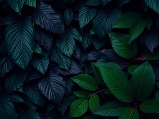 Fototapeta premium Dark pattern with exotic leaves in deep shades of green and purple, creating a mysterious and luxurious atmosphere, exotic, mysterious