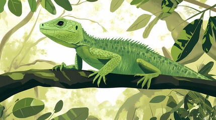 A green lizard sitting on a tree branch. Basilisk. Illustration