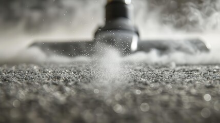 A close-up of a vacuum cleaner nozzle releasing dust particles on a surface.