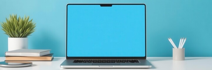 Laptop displaying website mockup on screen with blank space for customization, communication, web