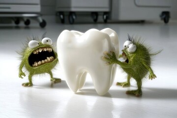 Tooth defense: imaginary monsters confronting healthy tooth, showcasing threat of caries while emphasizing critical need for regular dental care, vital role of cleanliness in preserving oral health.