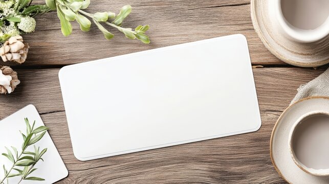 Blank white card mockup on wooden table with coffee cups and plants. - Powered by Adobe