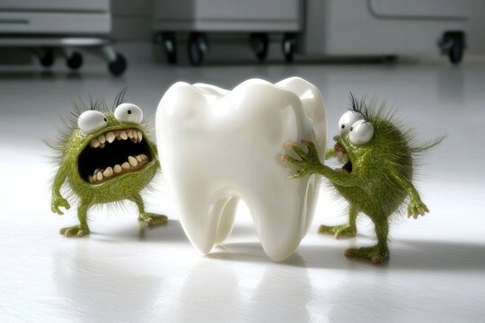Tooth defense: imaginary monsters confronting healthy tooth, showcasing threat of caries while emphasizing critical need for regular dental care, vital role of cleanliness in preserving oral health.