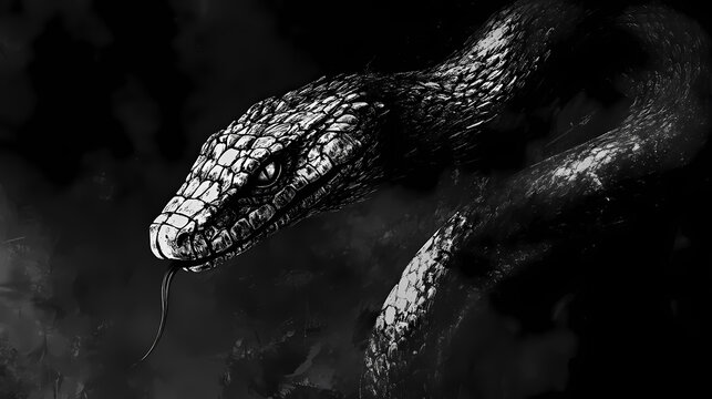 A chilling whisper flows through the air as the basilisk moves unseen, its petrifying gaze and serpentine shadow the heralds of forbidden knowledge low noise. Basilisk. Illustration