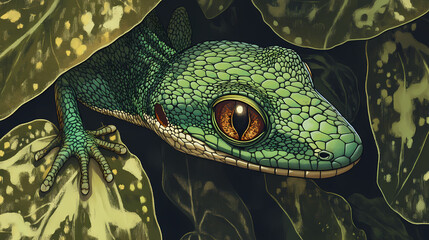 A close up of a green gecko on a leaf. Basilisk. Illustration