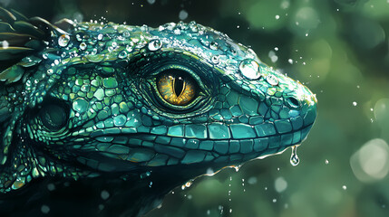 A close up of a green lizard with water droplets on its head. Basilisk. Illustration