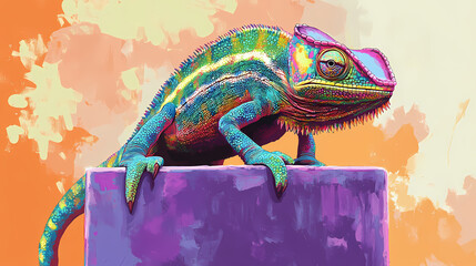 A colorful chameleon sitting on top of a purple box. Basilisk. Illustration