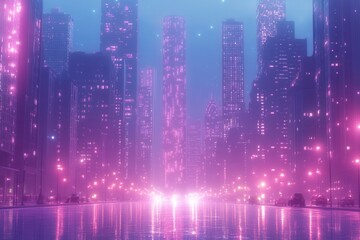 Futuristic cityscape at night, illuminated with vibrant pink and blue lights.