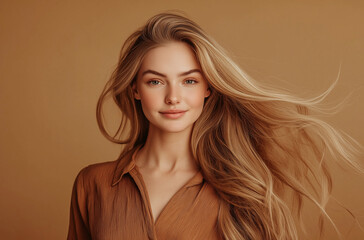 Beautiful glamorous model woman with long wavy and shiny hair against brown studio wall banner background
